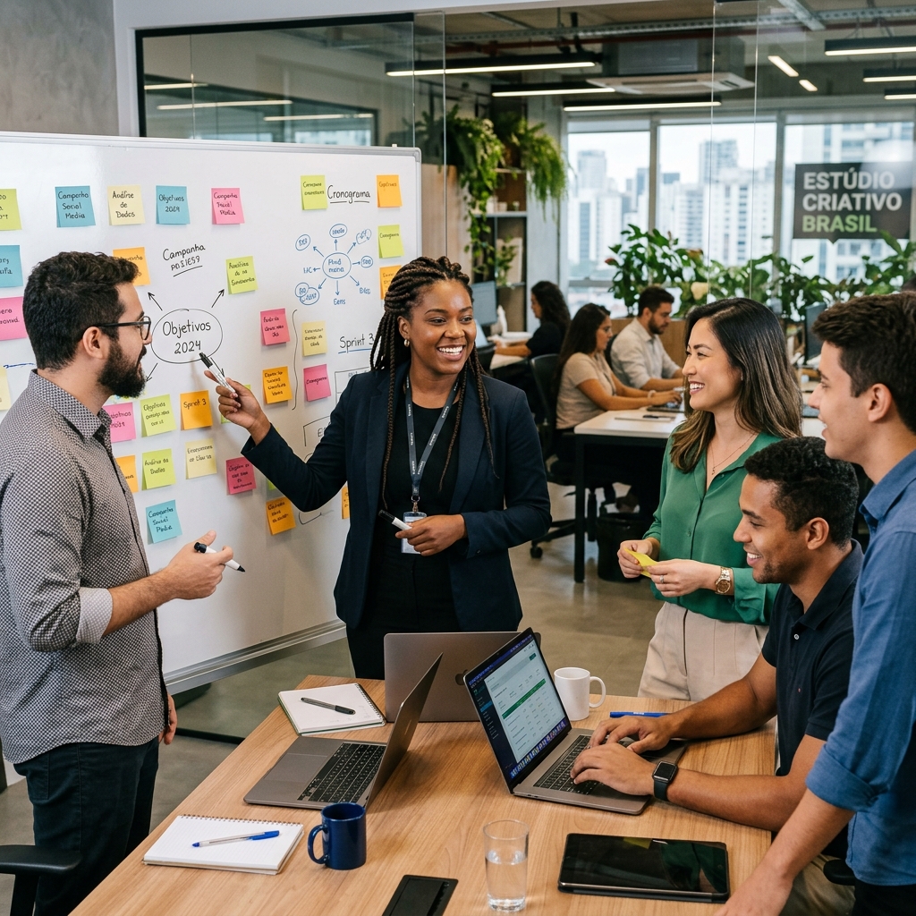 Equipe de especialistas trabalhando juntos e planejando novos projetos de tecnologia para ONGs